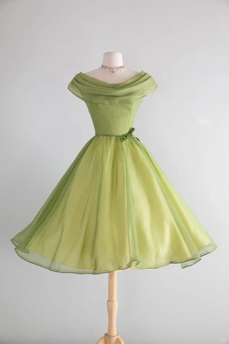 Sage Green 1950s Vintage Midi Evening Dress, Off‑Shoulder Draped Cowl Neck Fitted Bodice Satin Bow Organza Swing Skirt Cocktail Gown gh9086