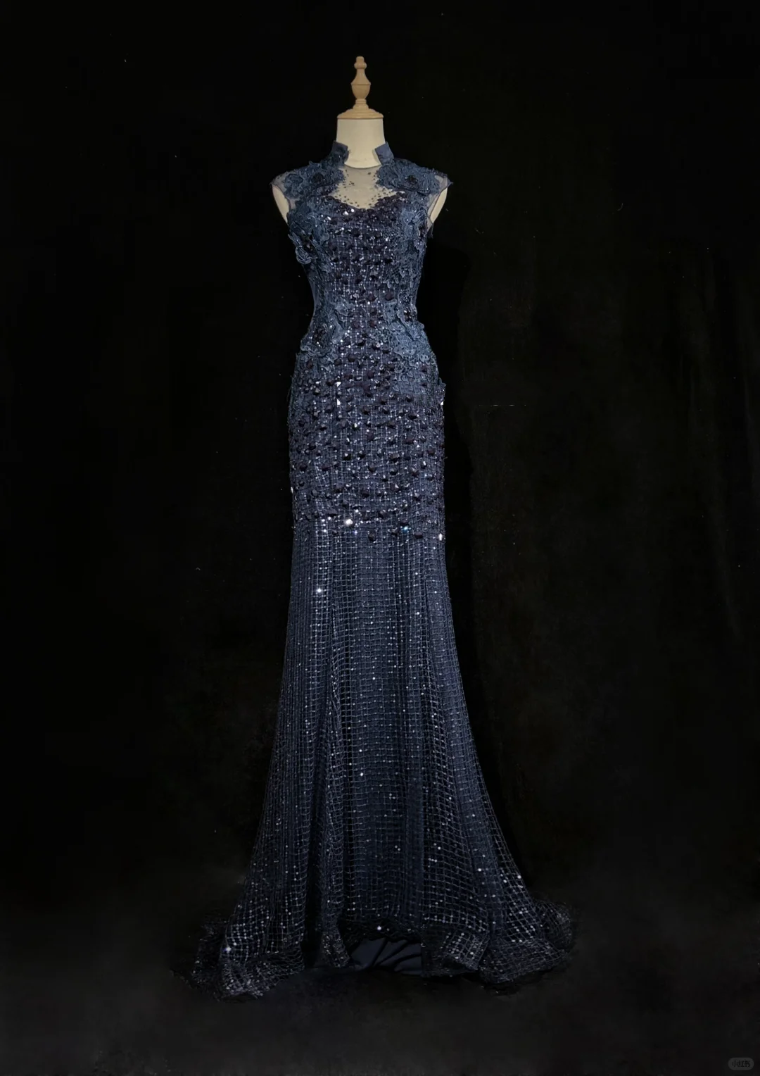 High Neck Navy Blue Mermaid Evening Gown Sleeveless Mesh 3D Floral Lace Sequined Formal Dress for Prom gh9537
