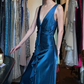 Sleeveless Peacock Blue Satin Evening Gown Deep V Front Ruched Ruffle Long Prom Dress gh9706
