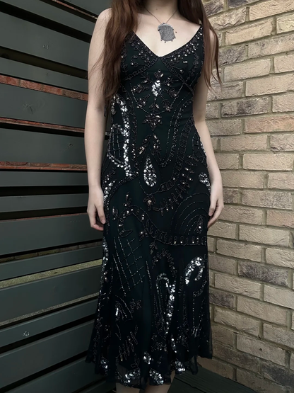 Black Sexy Long Vintage Beaded Spaghetti Strap Fitted Waist Slim Prom & Evening Party Dress gh8442