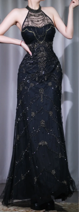 ✨Girlhomeshops-Gatsby Black Halter Beaded Long Evening Gown A Line gh10118