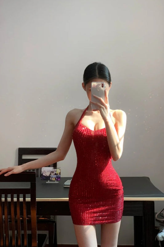 Kurzes, glitzerndes Partykleid mit Spaghettiträgern, Cocktailkleid gh6637