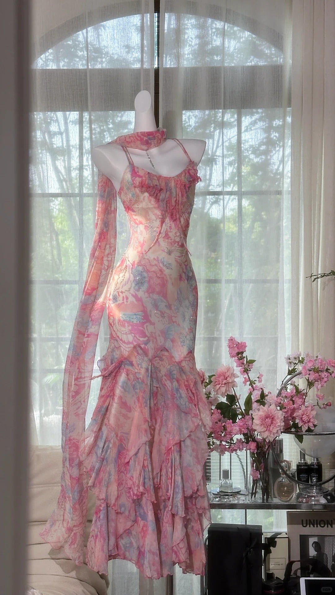 Rosa Blumen Elegante Romantische Lange Chiffon Ballkleid Abendkleid Partykleid gh4403