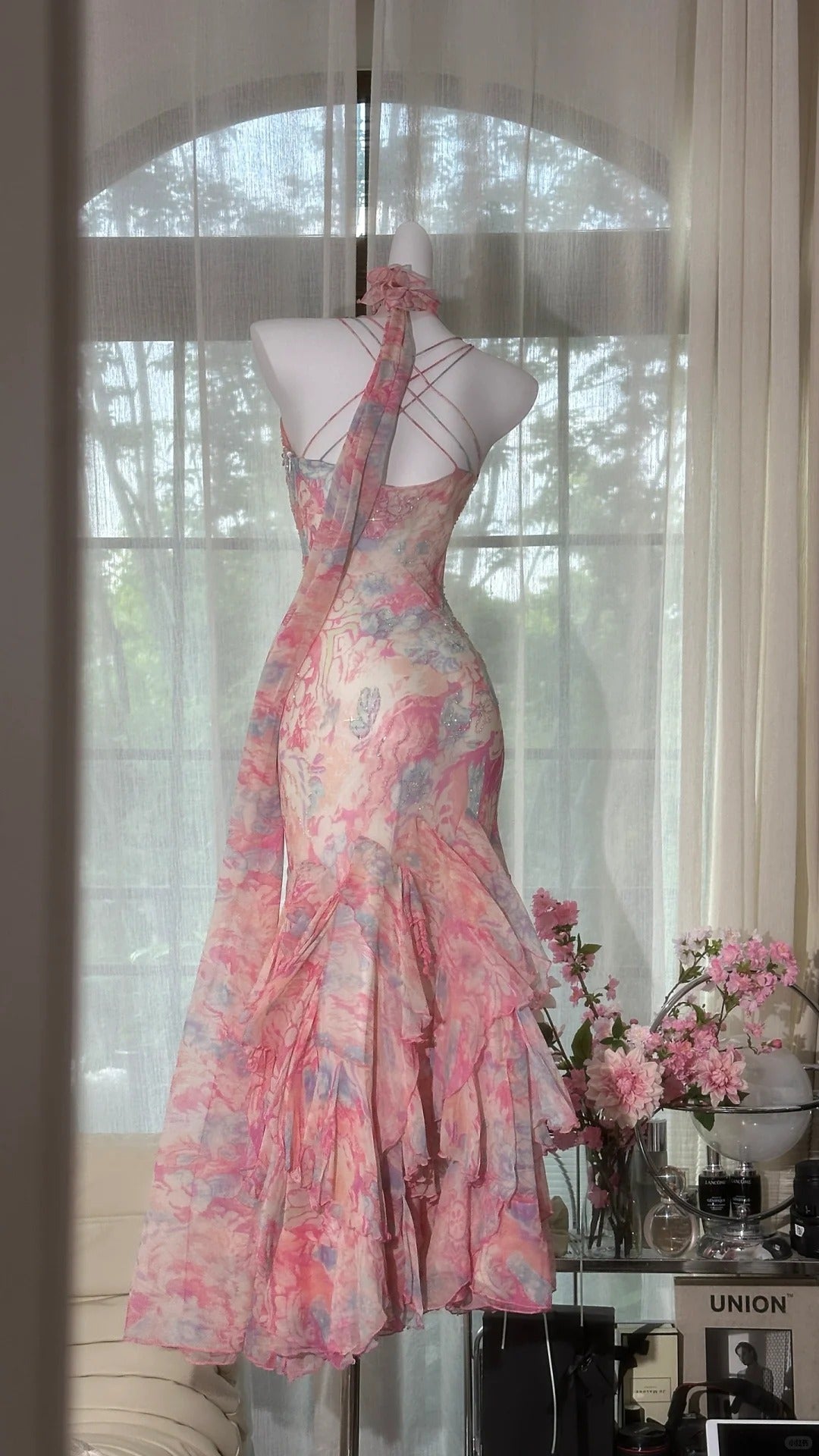 Rosa Blumen Elegante Romantische Lange Chiffon Ballkleid Abendkleid Partykleid gh4403