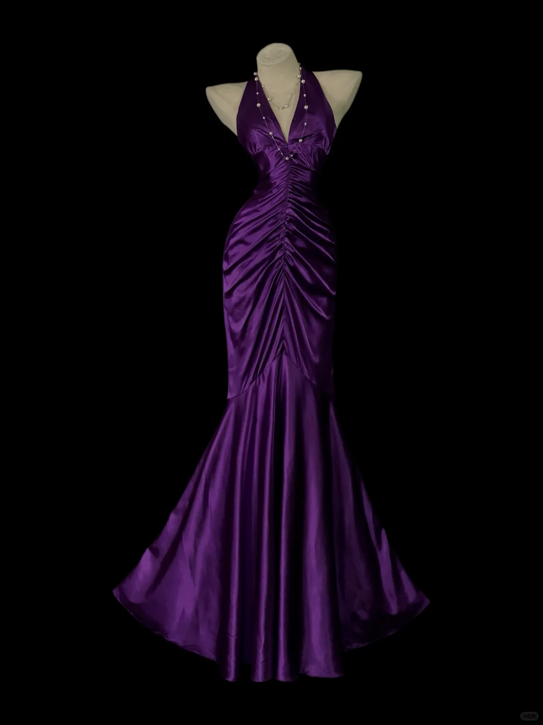 Violet Satin Mermaid Evening Gown, Halter Deep‑V Neck Backless, Front Vertical Ruched Waist, Fitted Silhouette, Draped Satin Floor‑Length Mermaid Skirt, Retro Elegant Prom Photoshoot Party Dress gh8868