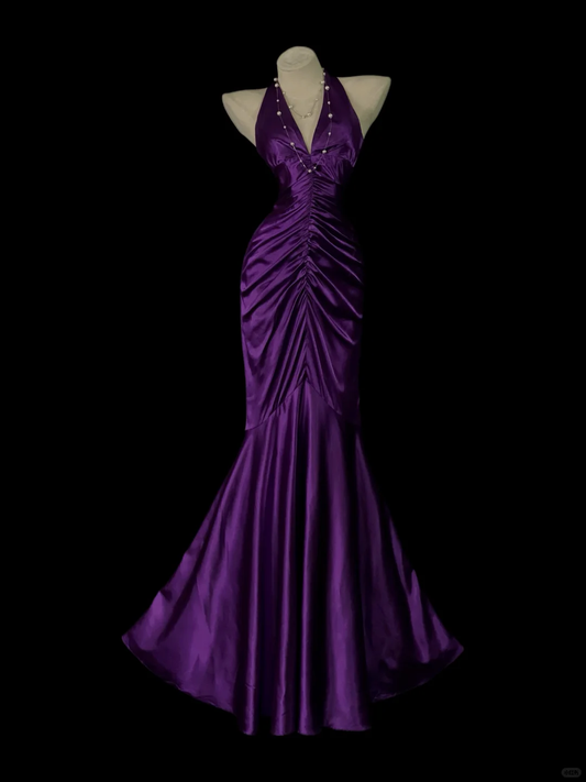 Violet Satin Mermaid Evening Gown, Halter Deep‑V Neck Backless, Front Vertical Ruched Waist, Fitted Silhouette, Draped Satin Floor‑Length Mermaid Skirt, Retro Elegant Prom Photoshoot Party Dress gh8868