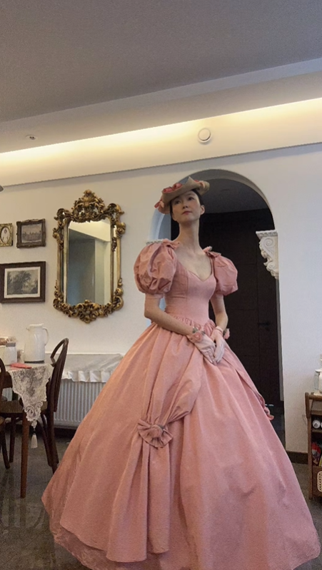 Vintage Pink Puff Sleeve Fitted Waist Princess Flared Skirt Prom & Evening Party Dress gh8498