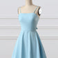Robe de soirée courte en satin à bretelles spaghetti sans manches et nœud simple bleu gh808