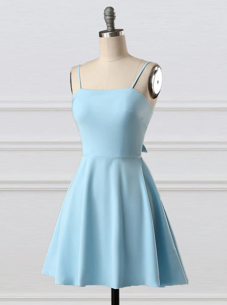 Robe de soirée courte en satin à bretelles spaghetti sans manches et nœud simple bleu gh808