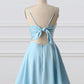 Robe de soirée courte en satin à bretelles spaghetti sans manches et nœud simple bleu gh808