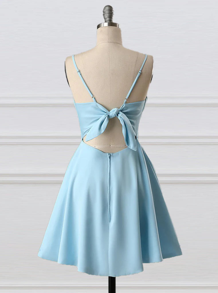 Robe de soirée courte en satin à bretelles spaghetti sans manches et nœud simple bleu gh808