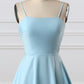 Robe de soirée courte en satin à bretelles spaghetti sans manches et nœud simple bleu gh808