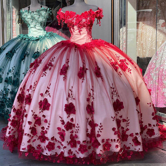 Red gorgeous exquisite sweet floral applique long tulle ball gown evening gown wedding dress gh3345
