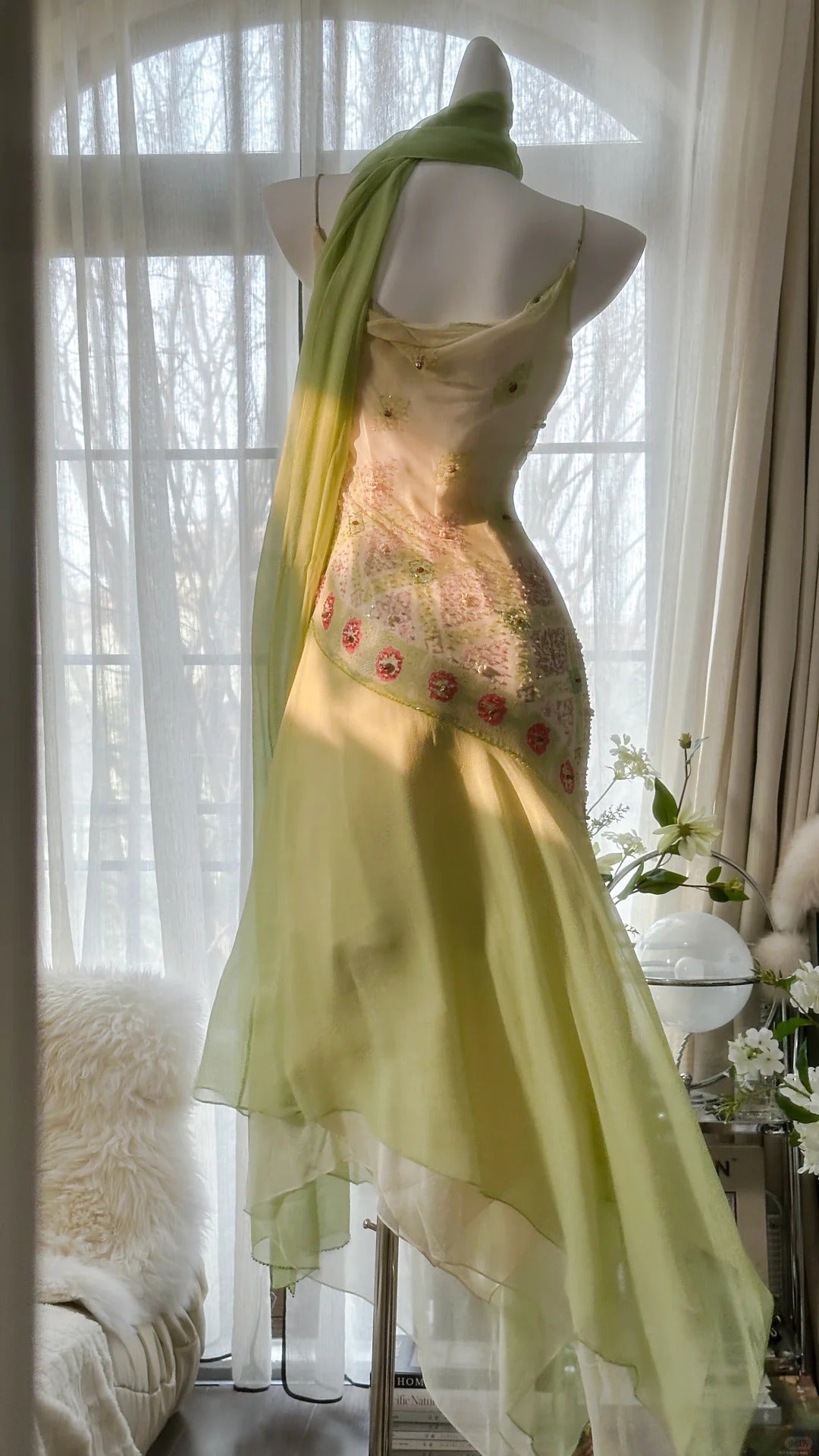 Grün Elegant Romantisch Zarte Blumen Perlen Spaghettiträger Lang Chiffon Homecoming Ballkleid Abendkleid Geburtstags-/Hochzeitsgast-/Feiertagspartykleid Ballkleid gh4024