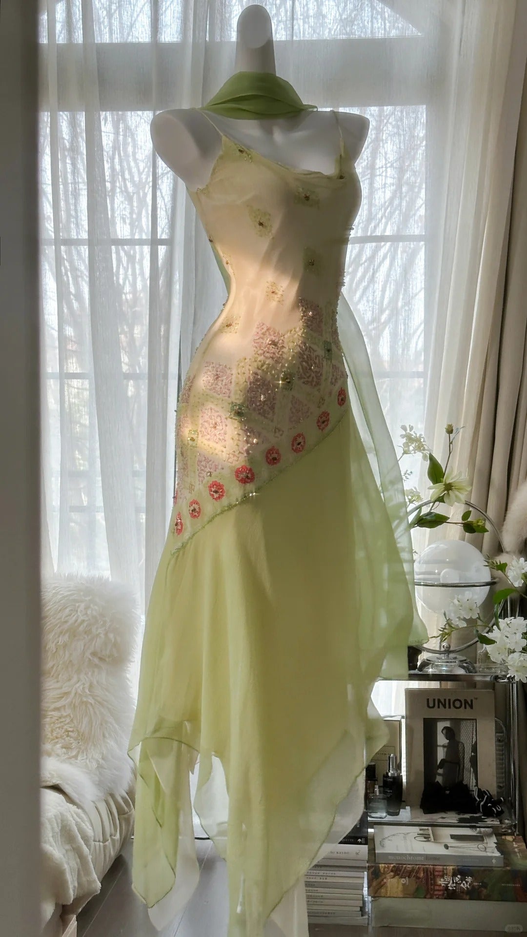 Grün Elegant Romantisch Zarte Blumen Perlen Spaghettiträger Lang Chiffon Homecoming Ballkleid Abendkleid Geburtstags-/Hochzeitsgast-/Feiertagspartykleid Ballkleid gh4024