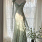 Mintgrün Romantische Mode Elegante Exquisite Perlen Spaghetti-Trägern Lange Tüll Chiffon Rüschen Ballkleid Abendkleid Partykleid gh4058