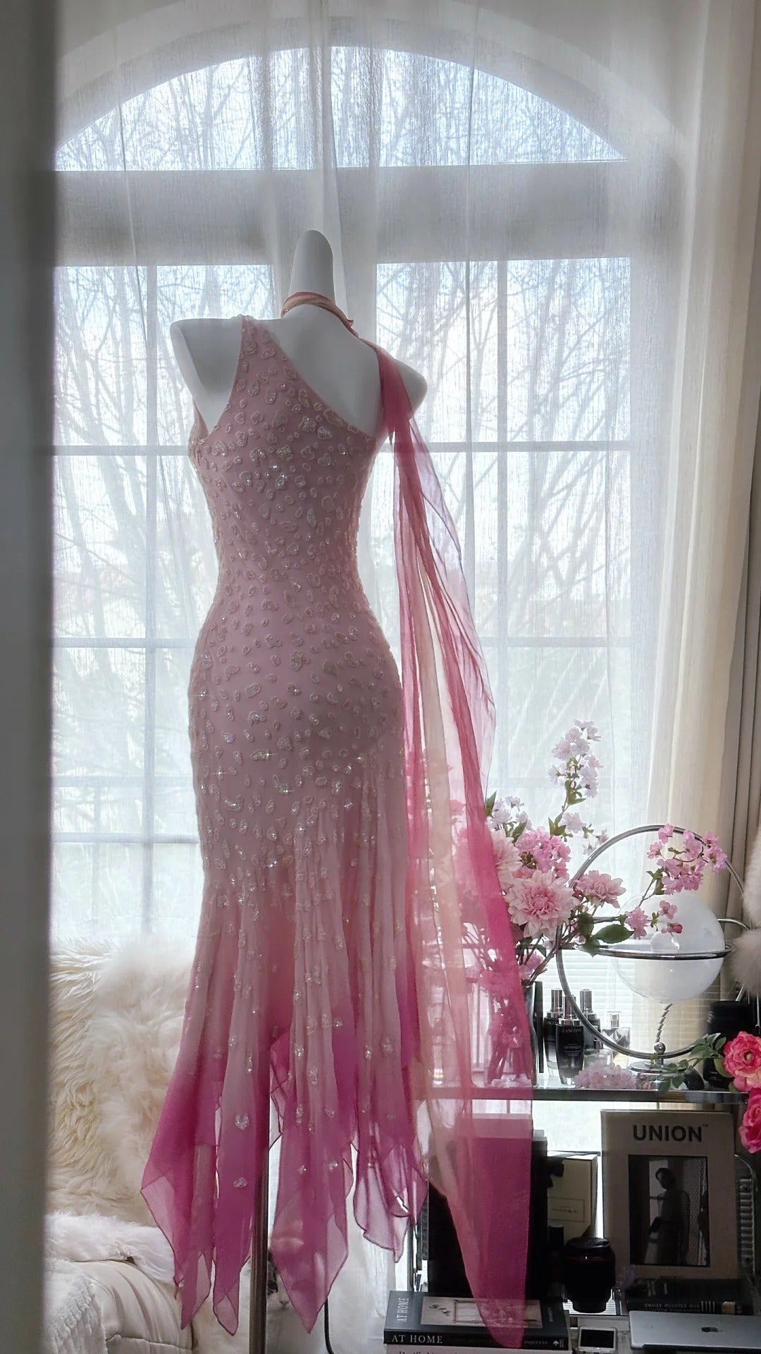 Rosa Farbverlauf Luxus Wunderschöne Retro Mode Exquisite Perlen Lange Chiffon Ballkleid Geburtstag Party Kleid Abendkleid Ballkleid gh3974