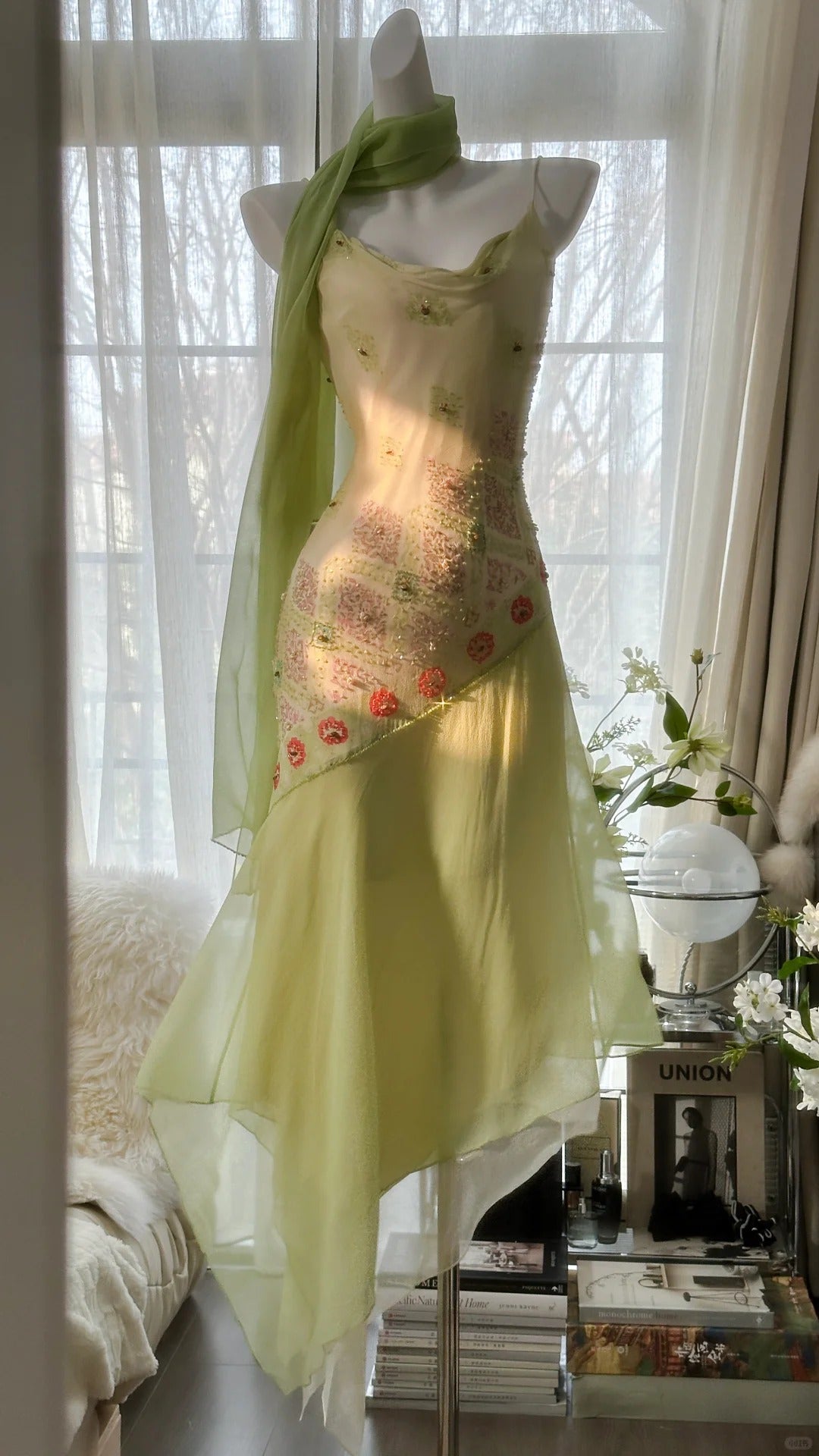 Grün Elegant Romantisch Zarte Blumen Perlen Spaghettiträger Lang Chiffon Homecoming Ballkleid Abendkleid Geburtstags-/Hochzeitsgast-/Feiertagspartykleid Ballkleid gh4024