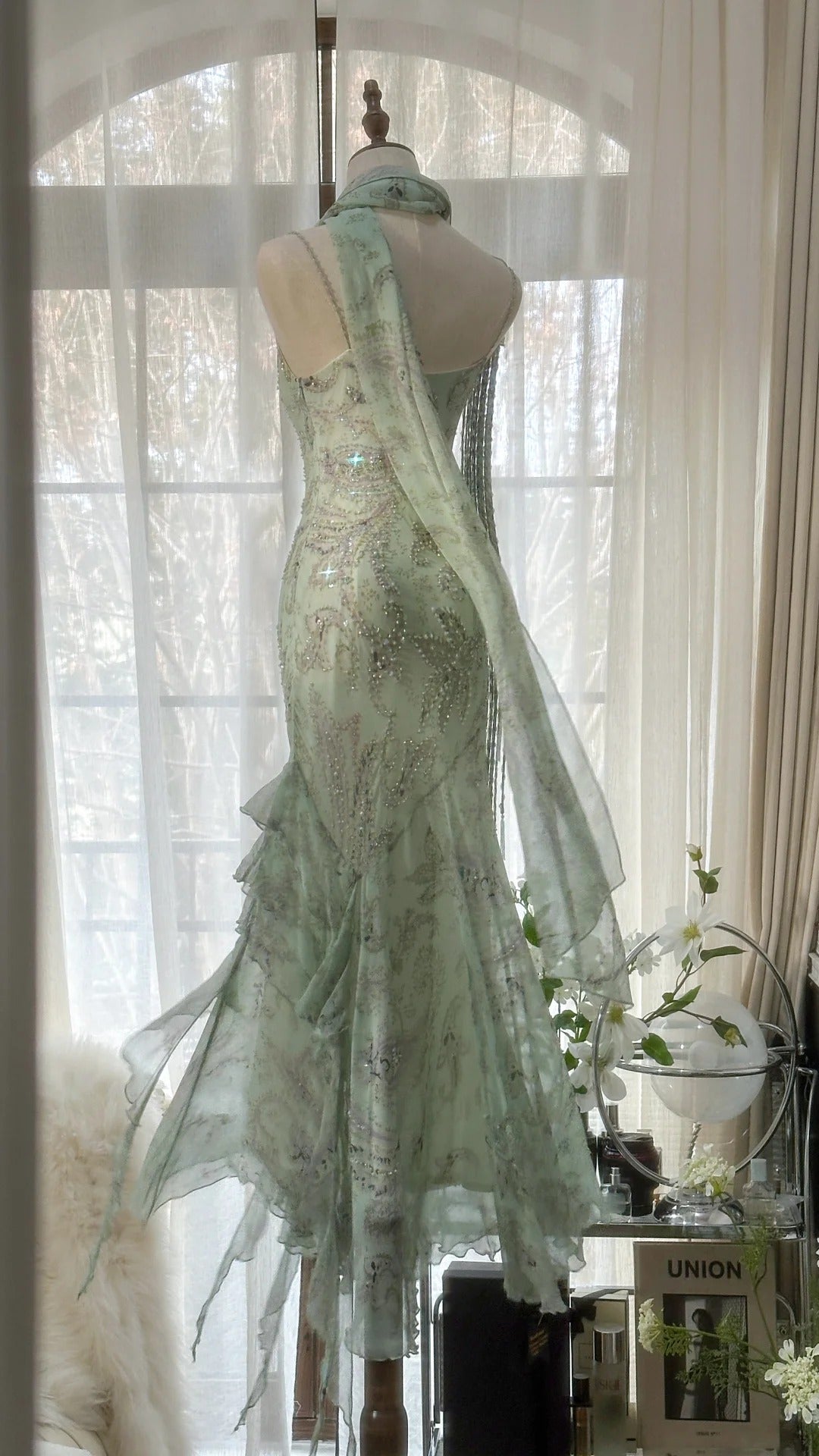 Mintgrün Romantische Mode Elegante Exquisite Perlen Spaghetti-Trägern Lange Tüll Chiffon Rüschen Ballkleid Abendkleid Partykleid gh4058