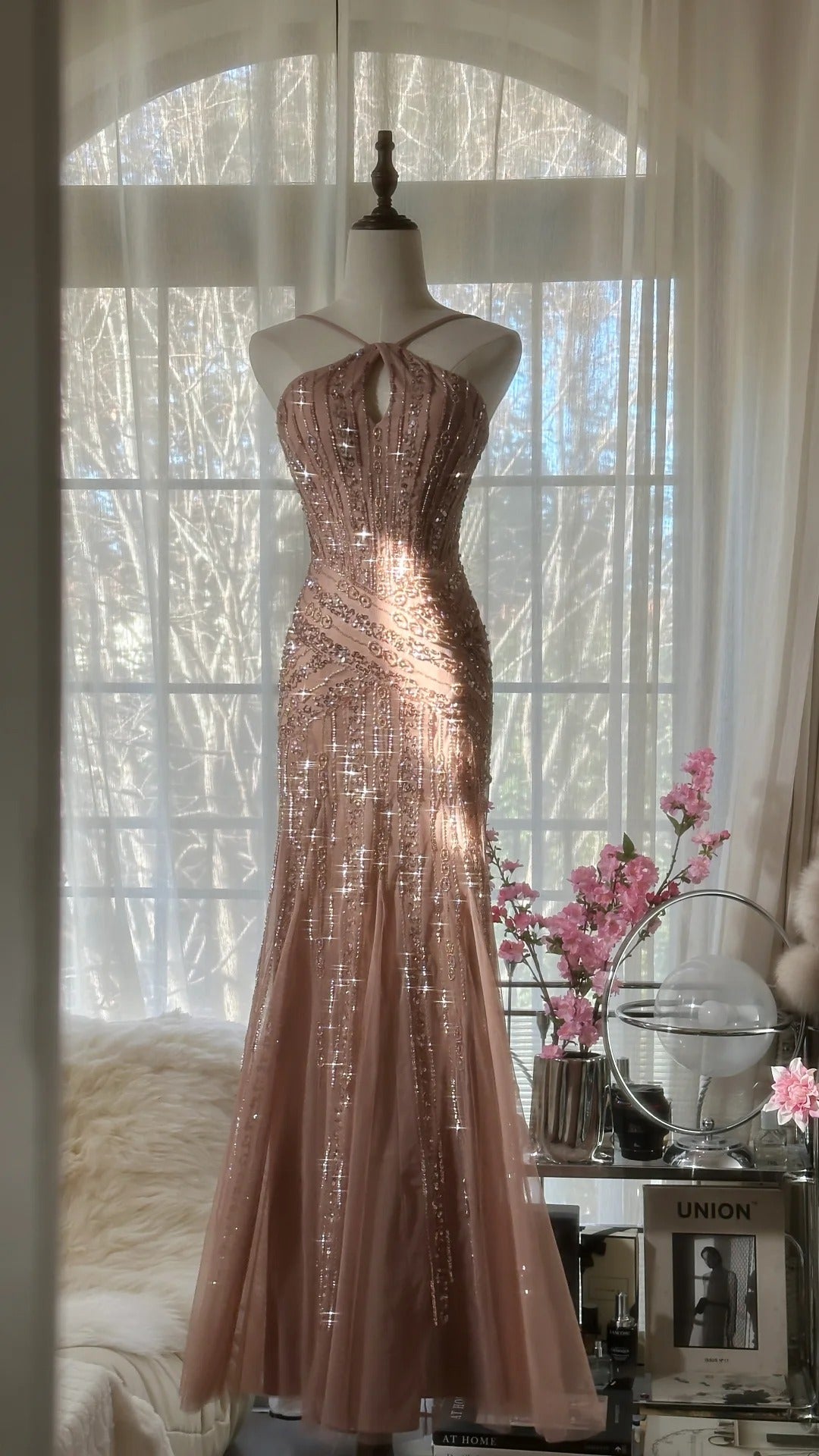 Rosa Luxus wunderschöne elegante romantische exquisite Perlen lange Chiffon Ballkleid Abendkleid Partykleid Ballkleid Valentinstag Datum Kleid gh4047