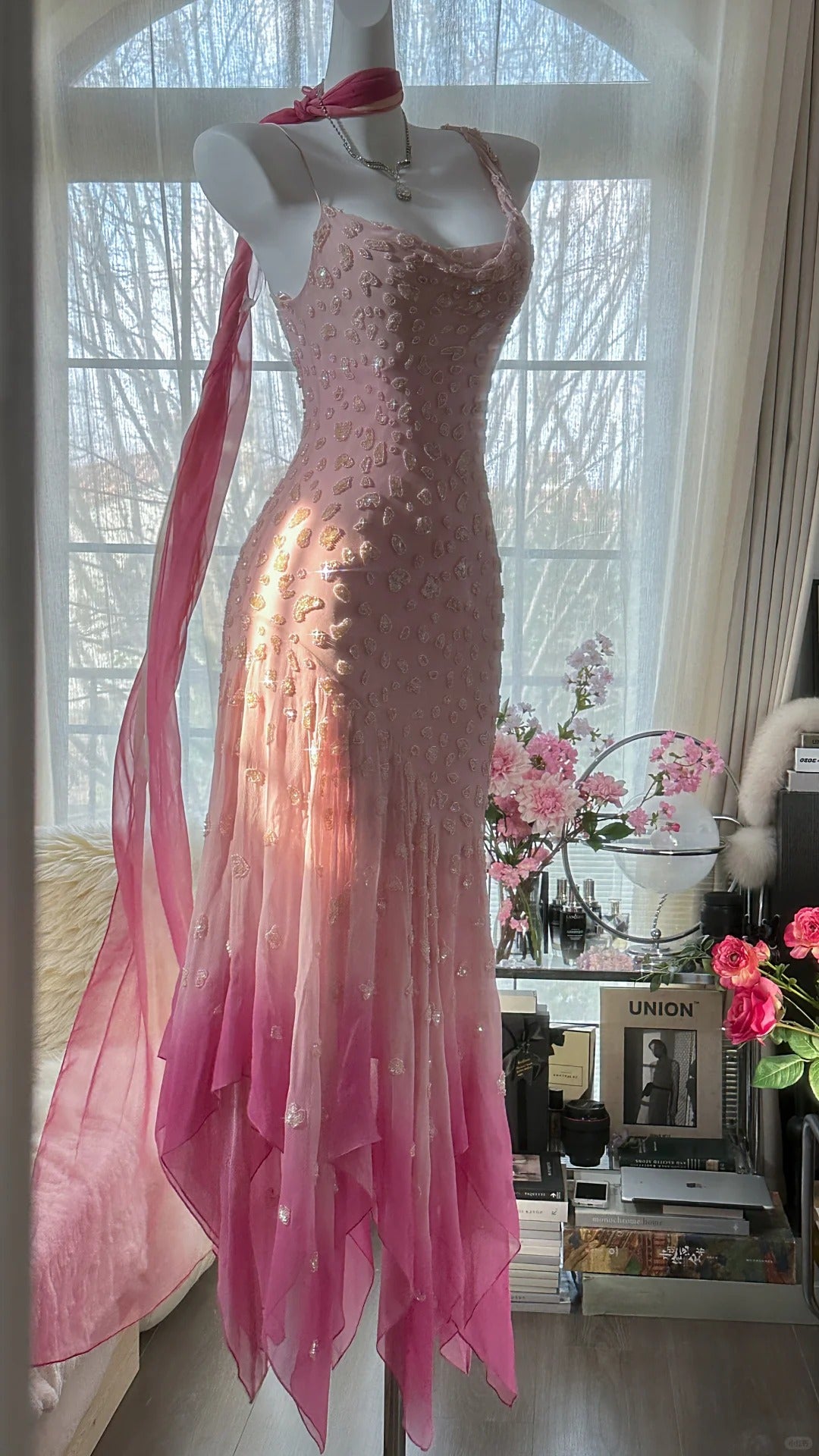 Rosa Farbverlauf Luxus Wunderschöne Retro Mode Exquisite Perlen Lange Chiffon Ballkleid Geburtstag Party Kleid Abendkleid Ballkleid gh3974
