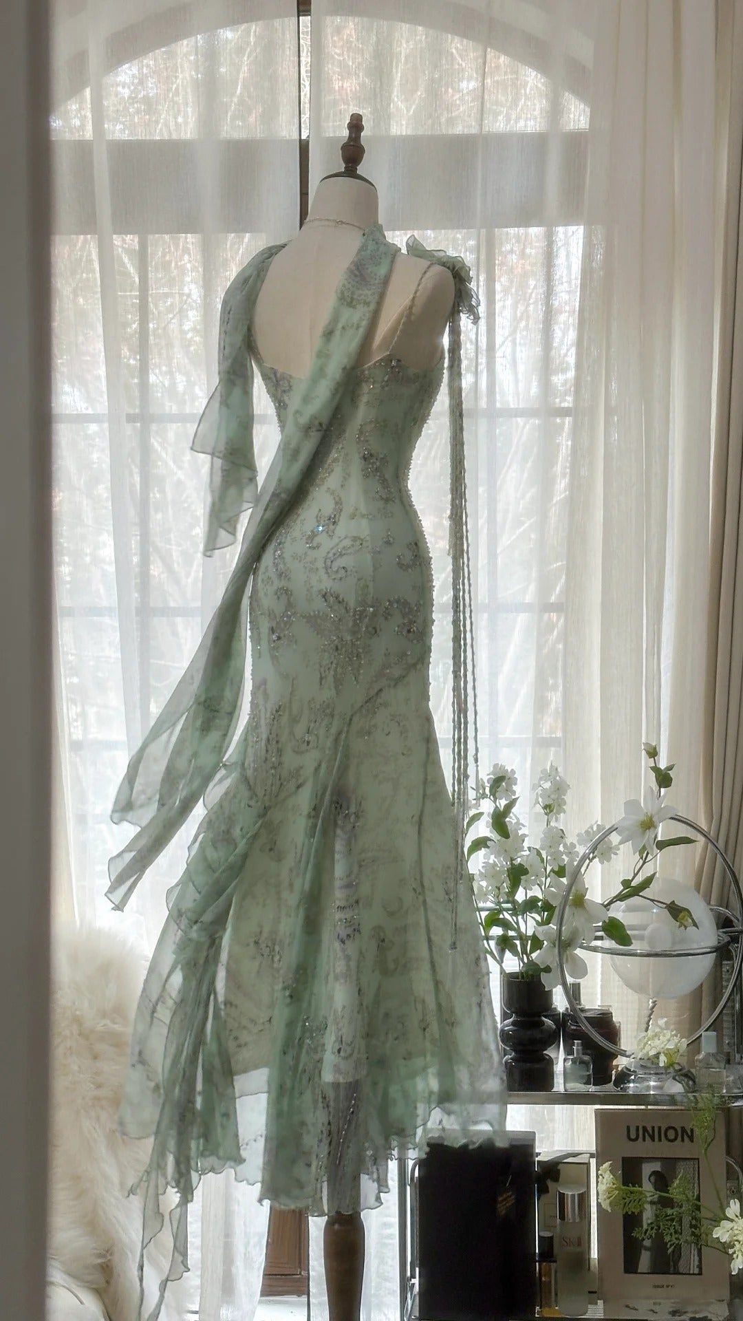 Mintgrün Romantische Mode Elegante Exquisite Perlen Spaghetti-Trägern Lange Tüll Chiffon Rüschen Ballkleid Abendkleid Partykleid gh4058