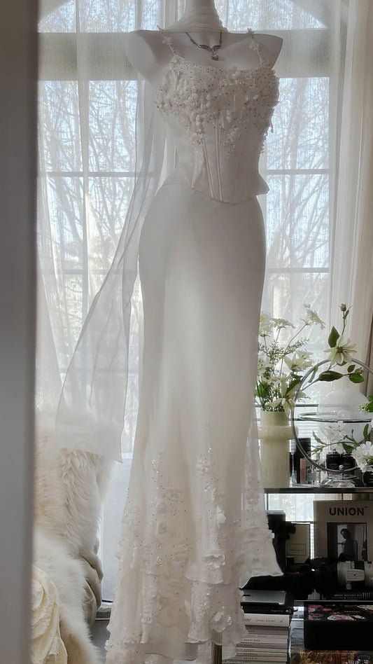 White Elegant Fashion Exquisite Floral Beaded Long Chiffon Ball Gown Evening Dress Party Dress Two Piece Set gh4005