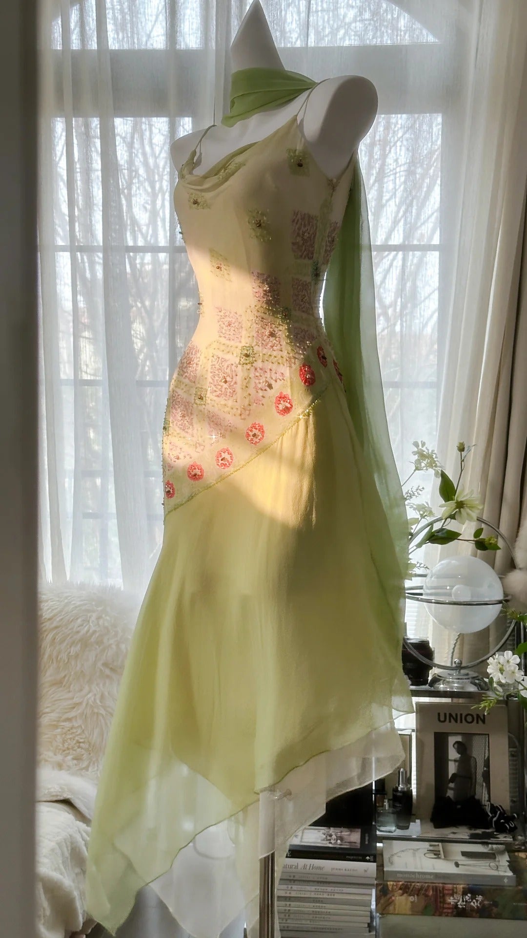 Grün Elegant Romantisch Zarte Blumen Perlen Spaghettiträger Lang Chiffon Homecoming Ballkleid Abendkleid Geburtstags-/Hochzeitsgast-/Feiertagspartykleid Ballkleid gh4024