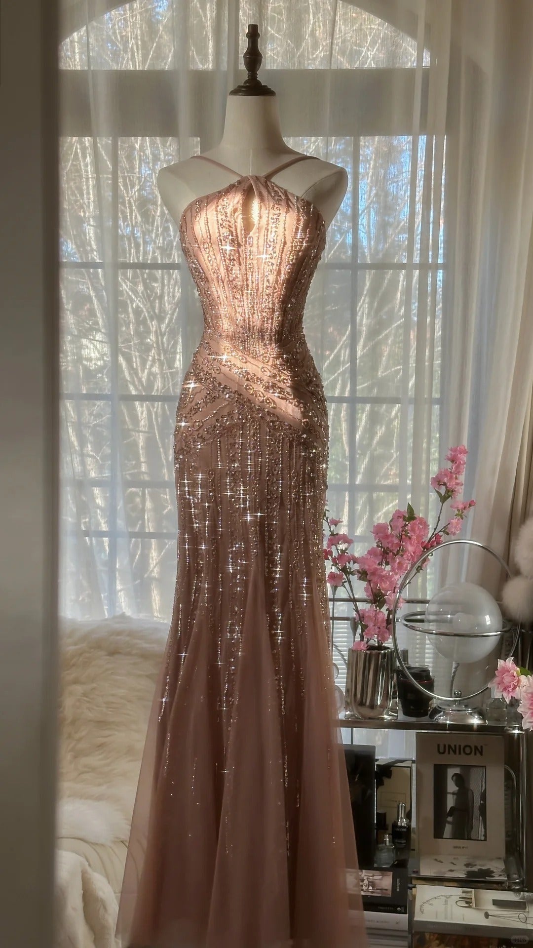 Rosa Luxus wunderschöne elegante romantische exquisite Perlen lange Chiffon Ballkleid Abendkleid Partykleid Ballkleid Valentinstag Datum Kleid gh4047