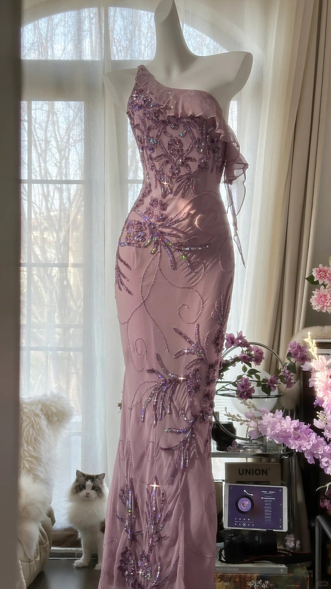 Rosa Lila Romantische One-Shoulder-Mode Elegante Exquisite Blumen Perlen Lange Chiffon Ballkleid Abendkleid Geburtstag Urlaub Partykleid Ballkleid gh4012