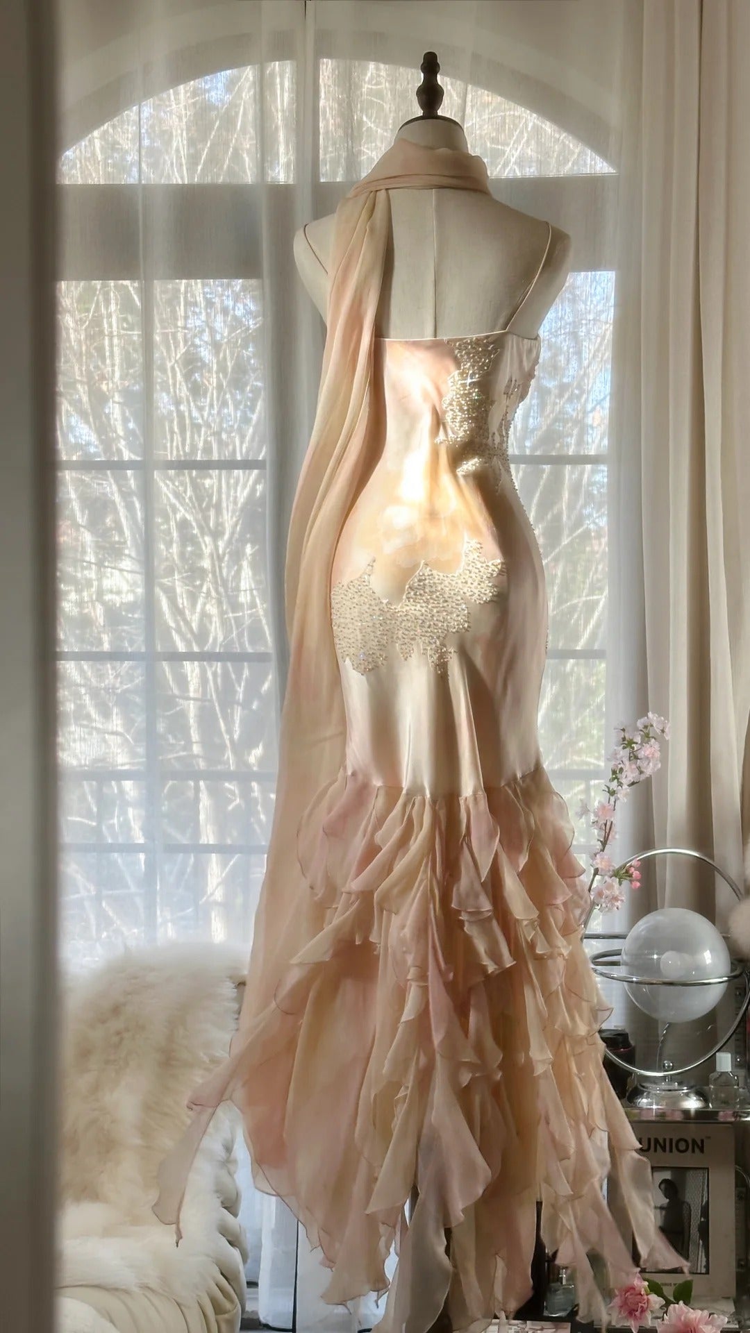 Hellrosa Wunderschönes, exquisites Perlenbesetztes Spaghettiträger-Lang-Chiffon-Satin-Ballkleid-Abendkleid für Geburtstage/Feiertagspartys Ballkleid gh4064