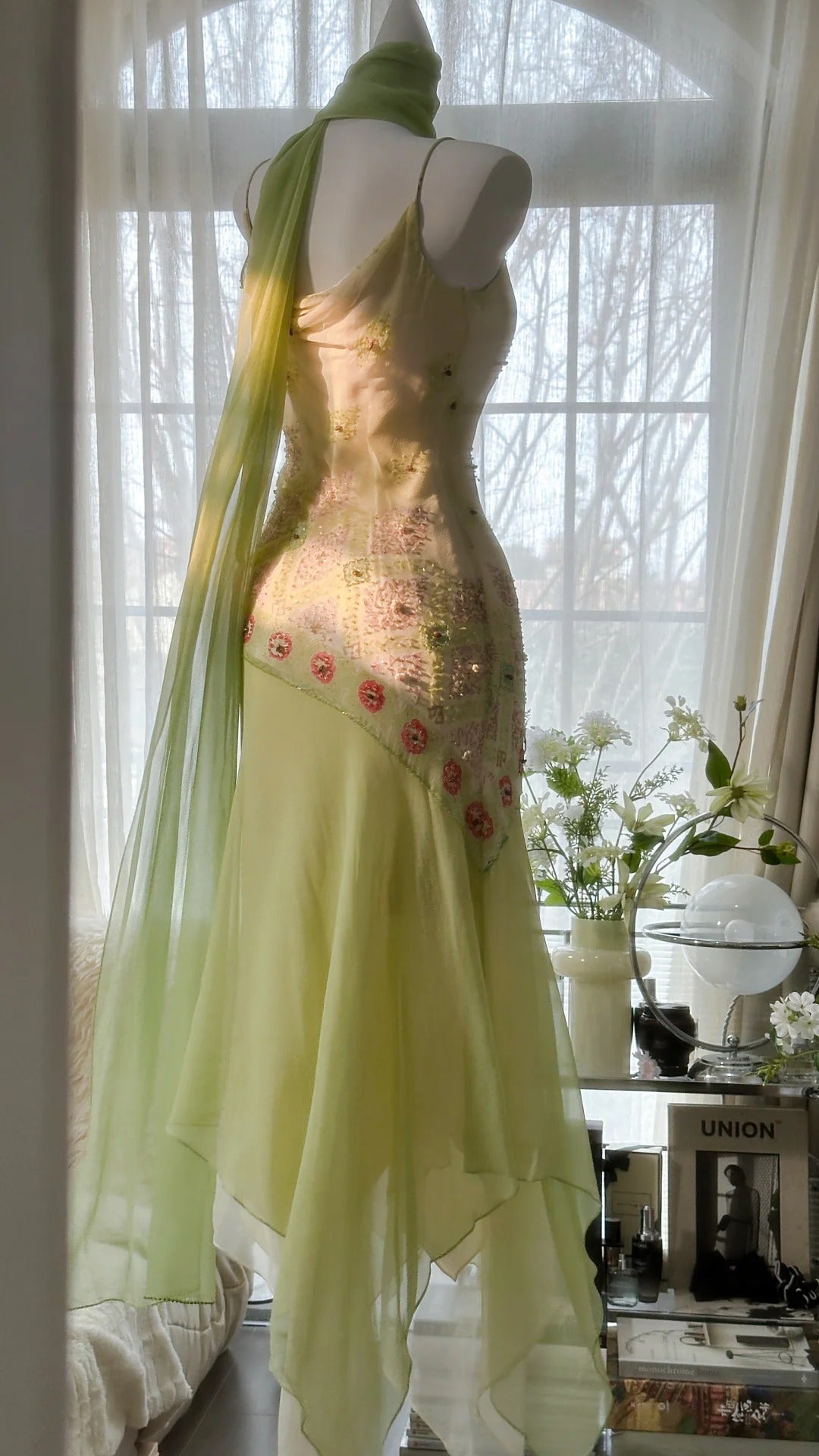 Grün Elegant Romantisch Zarte Blumen Perlen Spaghettiträger Lang Chiffon Homecoming Ballkleid Abendkleid Geburtstags-/Hochzeitsgast-/Feiertagspartykleid Ballkleid gh4024