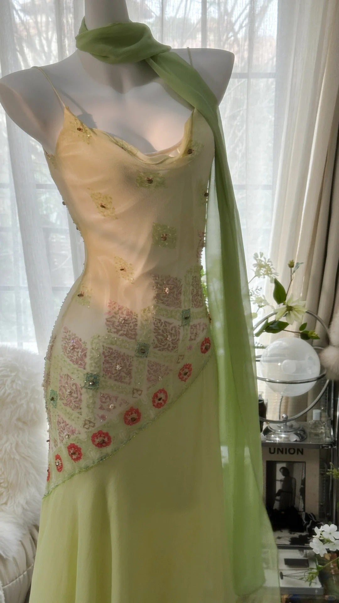 Grün Elegant Romantisch Zarte Blumen Perlen Spaghettiträger Lang Chiffon Homecoming Ballkleid Abendkleid Geburtstags-/Hochzeitsgast-/Feiertagspartykleid Ballkleid gh4024
