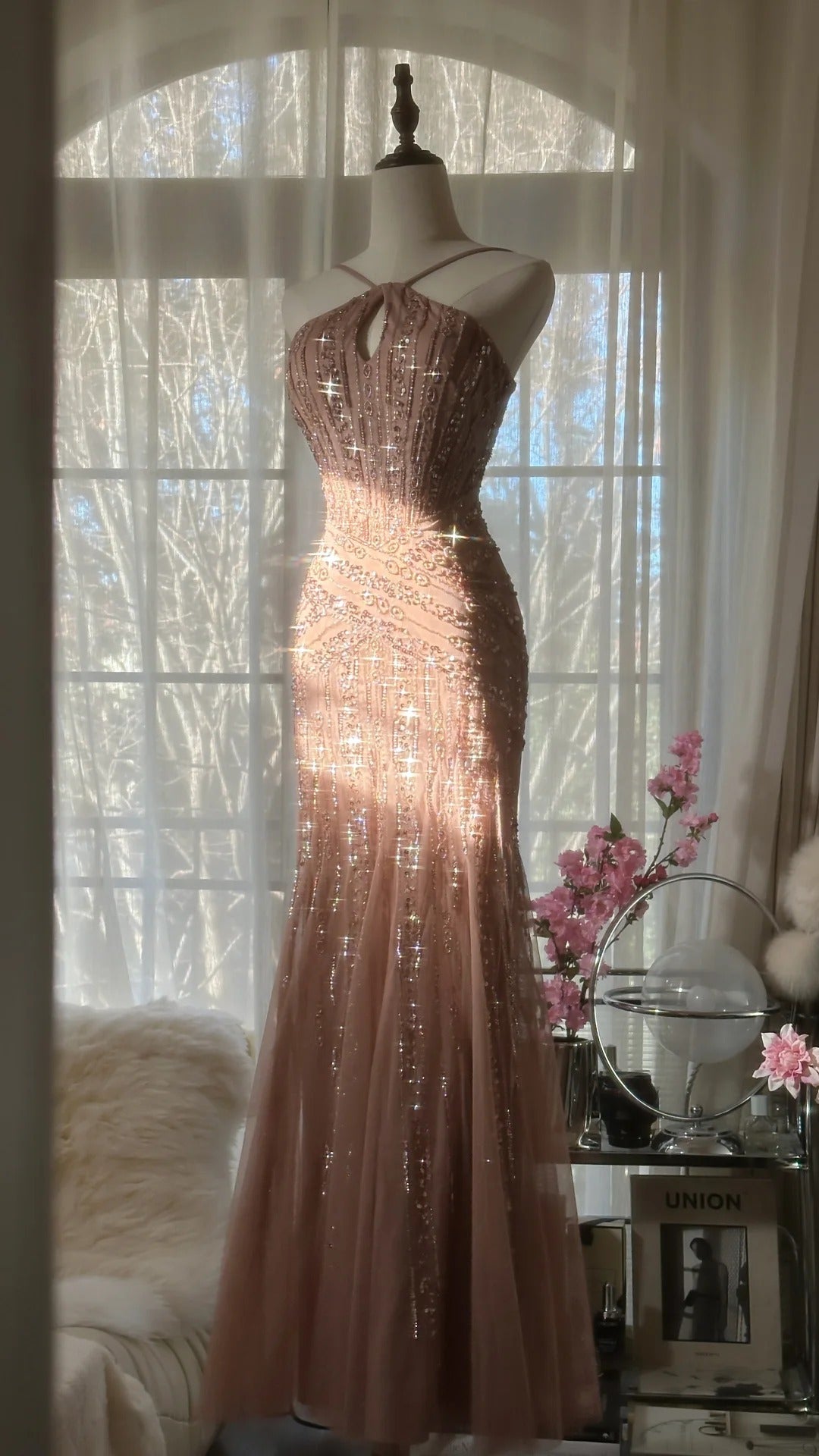 Rosa Luxus wunderschöne elegante romantische exquisite Perlen lange Chiffon Ballkleid Abendkleid Partykleid Ballkleid Valentinstag Datum Kleid gh4047