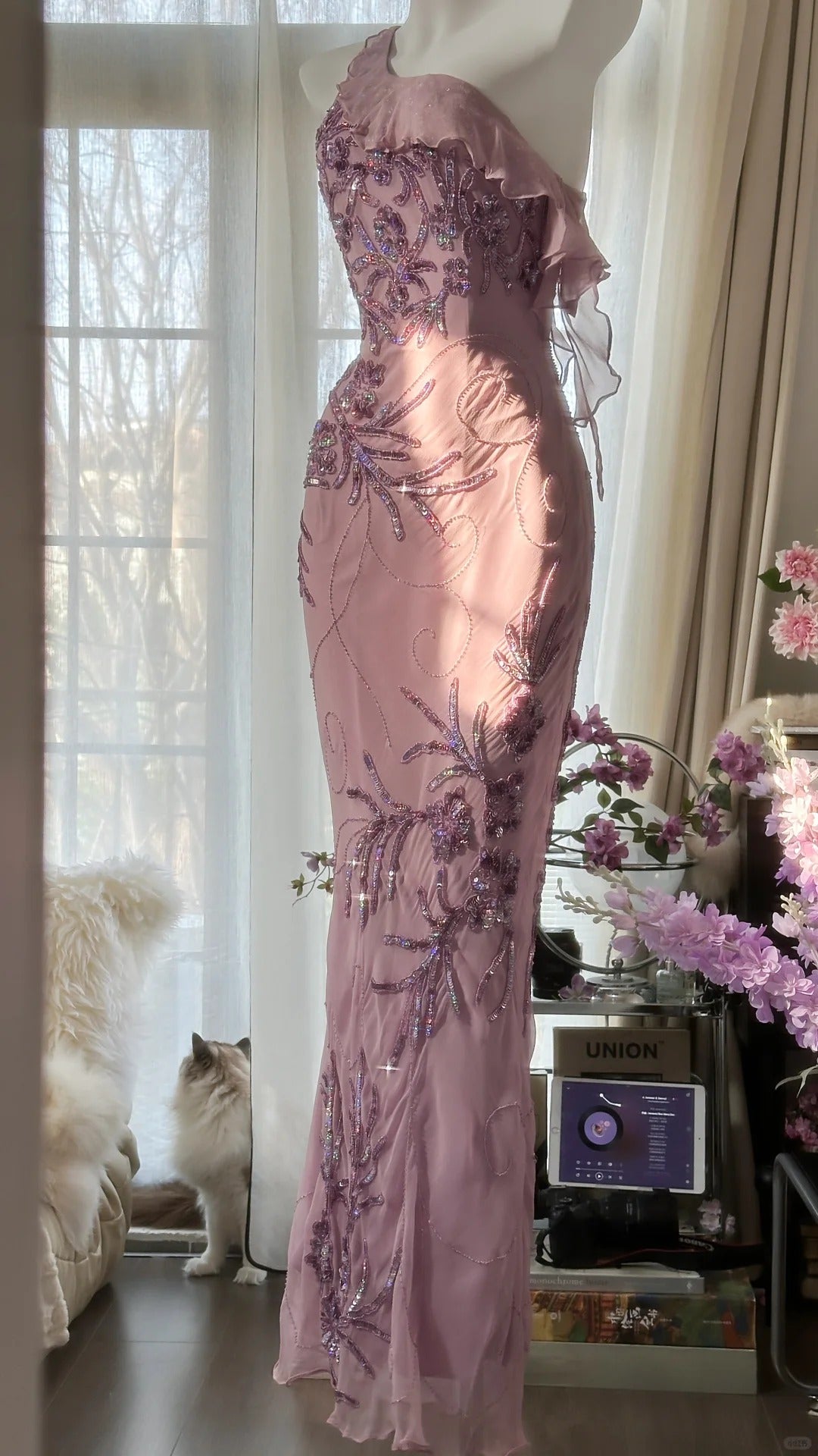 Rosa Lila Romantische One-Shoulder-Mode Elegante Exquisite Blumen Perlen Lange Chiffon Ballkleid Abendkleid Geburtstag Urlaub Partykleid Ballkleid gh4012