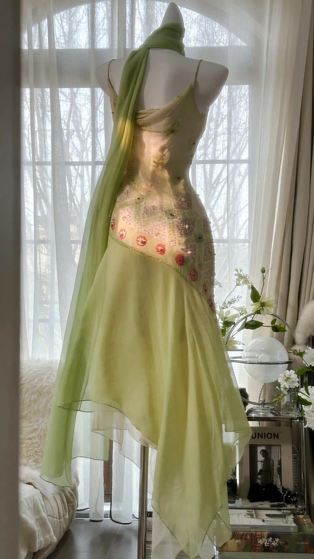 Grün Elegant Romantisch Zarte Blumen Perlen Spaghettiträger Lang Chiffon Homecoming Ballkleid Abendkleid Geburtstags-/Hochzeitsgast-/Feiertagspartykleid Ballkleid gh4024