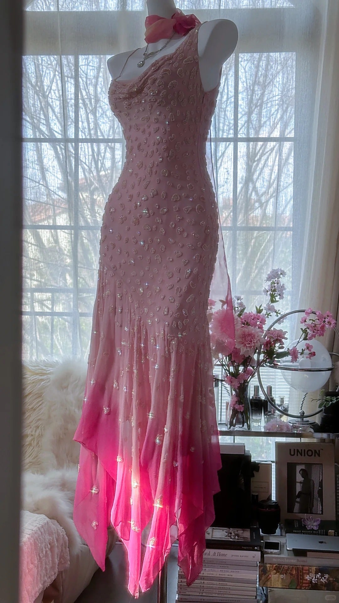 Rosa Farbverlauf Luxus Wunderschöne Retro Mode Exquisite Perlen Lange Chiffon Ballkleid Geburtstag Party Kleid Abendkleid Ballkleid gh3974