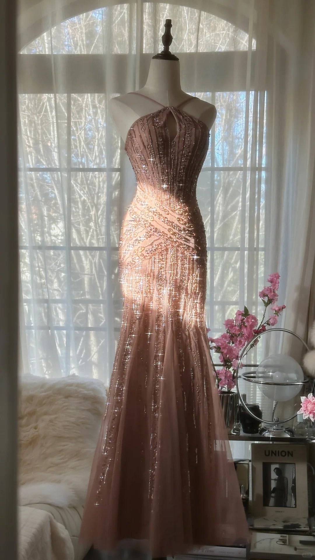 Rosa Luxus wunderschöne elegante romantische exquisite Perlen lange Chiffon Ballkleid Abendkleid Partykleid Ballkleid Valentinstag Datum Kleid gh4047