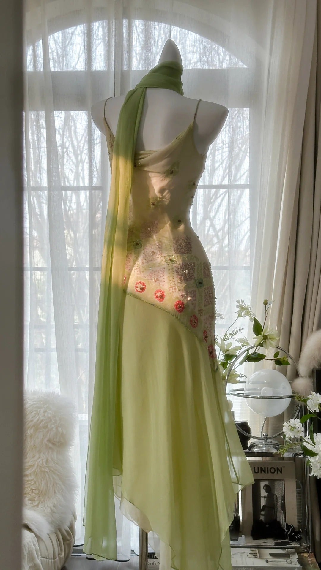Grün Elegant Romantisch Zarte Blumen Perlen Spaghettiträger Lang Chiffon Homecoming Ballkleid Abendkleid Geburtstags-/Hochzeitsgast-/Feiertagspartykleid Ballkleid gh4024