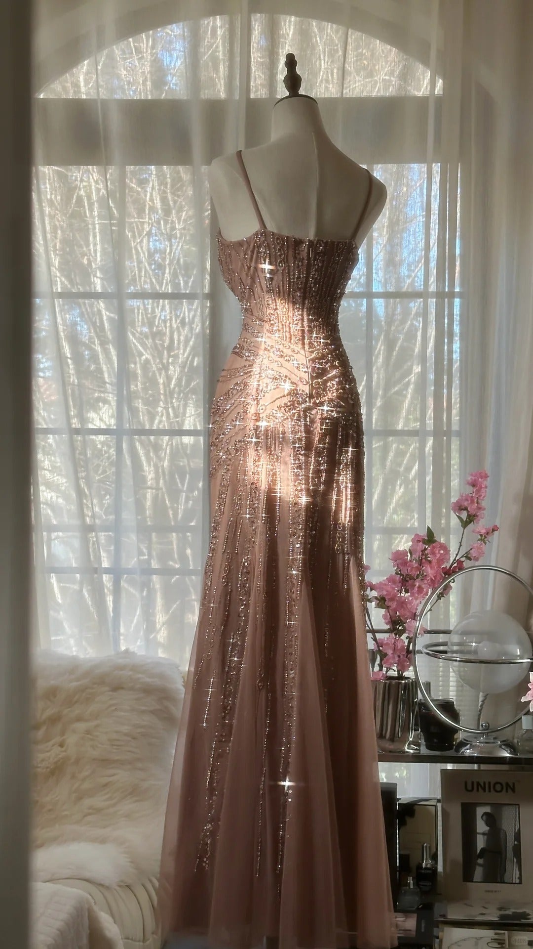 Rosa Luxus wunderschöne elegante romantische exquisite Perlen lange Chiffon Ballkleid Abendkleid Partykleid Ballkleid Valentinstag Datum Kleid gh4047