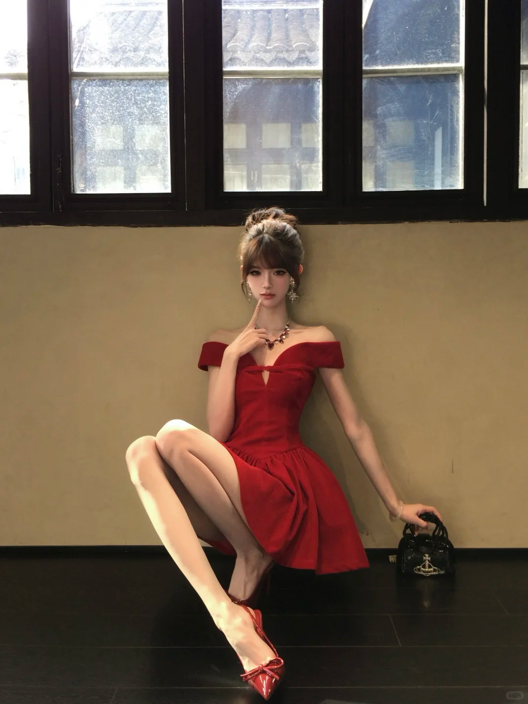 Women Vibrant Red Off Shoulder Homecoming Dress Bow V Neck Boned Waist A-Line Puffy Short Party Dress gh9431