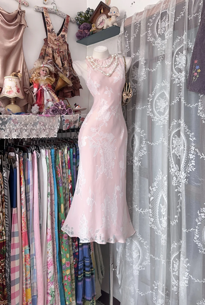 Vintage Blush Pink Sleeveless White Print Fitted Waist Slim Prom & Evening Party Dress gh8488