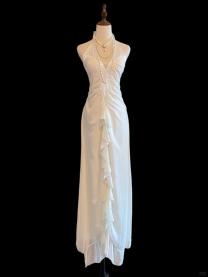 Vintage White Chiffon Halter Evening Gown, Halter V‑Neck, Ruched Twist Front, Cascading Ruffle Trim, Flowy Long Dress, Boho Bridal Prom Gown gh8904