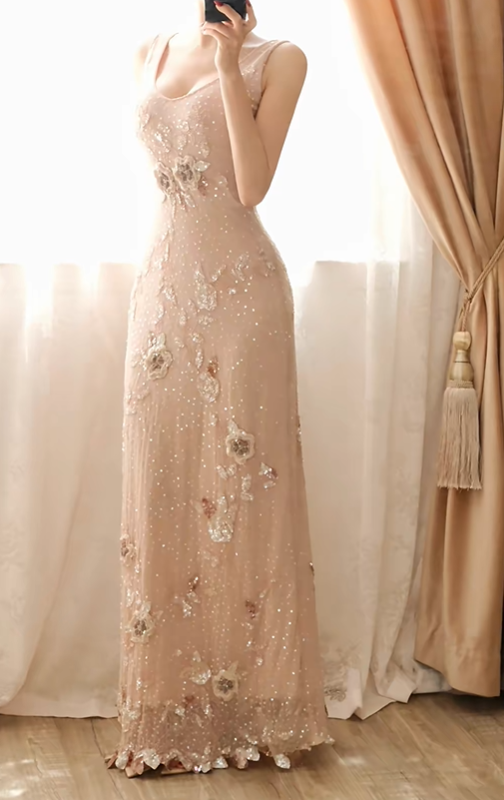 Women Nude Pink Long Formal Dress Sleeveless V-Neck 3D Flower Applique Rhinestone Sheer Tulle Mermaid Evening Gown gh9578