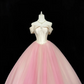 Blush Pink Satin Off-the-Shoulder Cinched Waist Voluminous Tulle Skirt Long Minimalist Elegant Romantic Dress, Wedding Gown gh7846