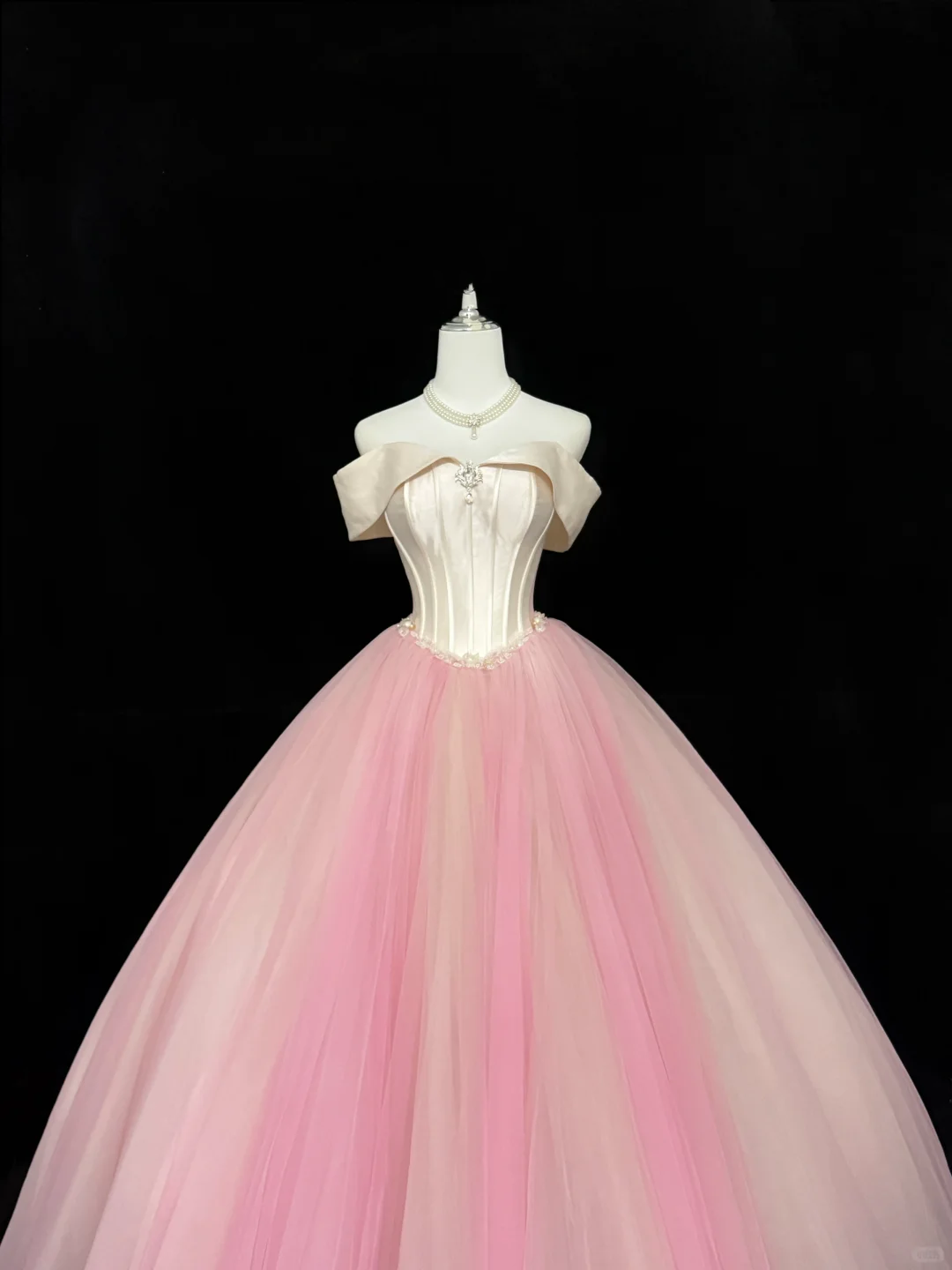 Blush Pink Satin Off-the-Shoulder Cinched Waist Voluminous Tulle Skirt Long Minimalist Elegant Romantic Dress, Wedding Gown gh7846