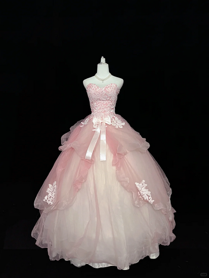 Blush Pink Strapless Printed Cinched Waist Voluminous Princess Skirt Romantic Dress, Wedding Gown gh7931