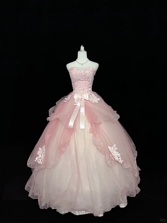 Blush Pink Strapless Printed Cinched Waist Voluminous Princess Skirt Romantic Dress, Wedding Gown gh7931