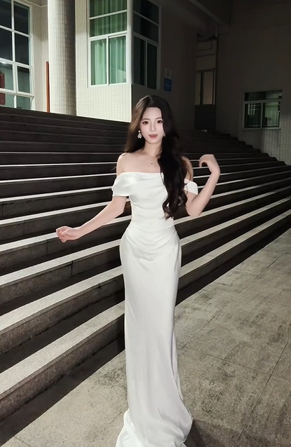 White Off-Shoulder Waist-Cinched Fitted Minimalist Elegant Evening Dress, Fairy Gown, Romantic Gown gh7479