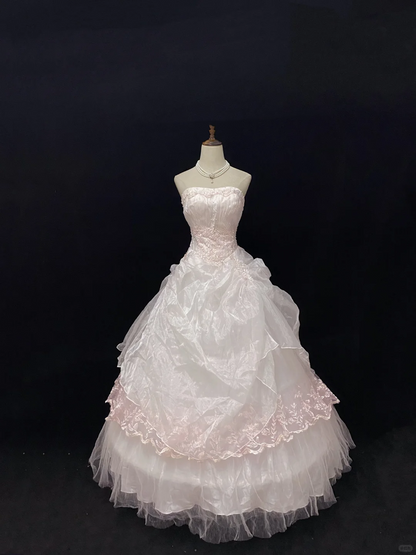 Blush Pink Strapless Vintage Romantic Gown, Cinched Waist, Voluminous Skirt With Lace Trim, Wedding Dress & Bridal Gown gh8151
